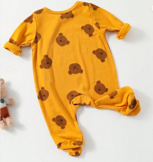 Baby Boys' Yellow Romper With Little Gray Bear Print, Long Sleeve (6-9 Months)