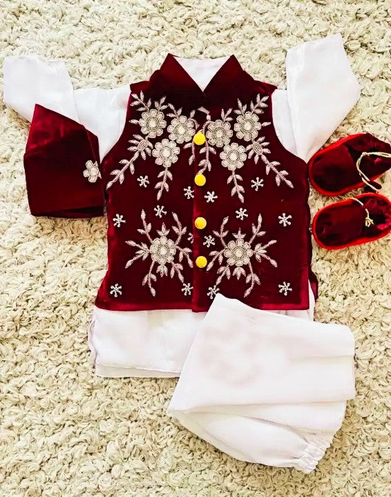 Baby Boy Maroon Rice Feeding Pasni Dress